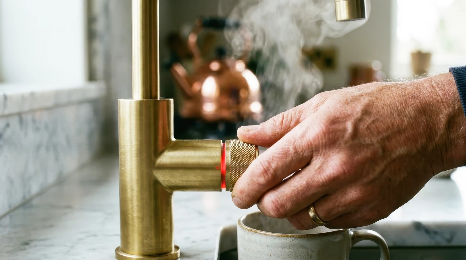 Hand bedient de kinderveilige ring van een gouden kokendwaterkraan